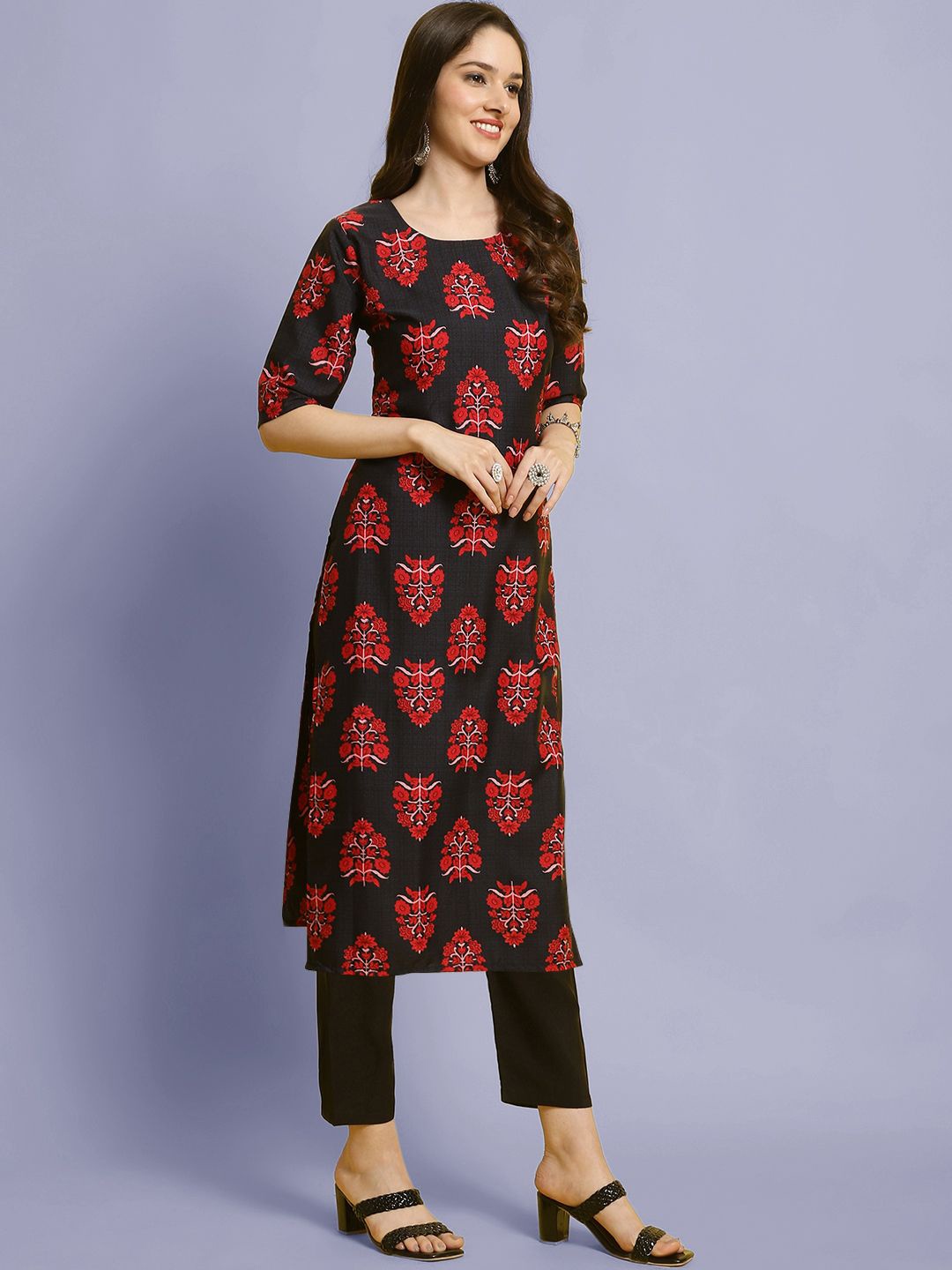 

Moda Rapido Floral Printed Round Neck Straight Kurta With Trouser, Navy blue