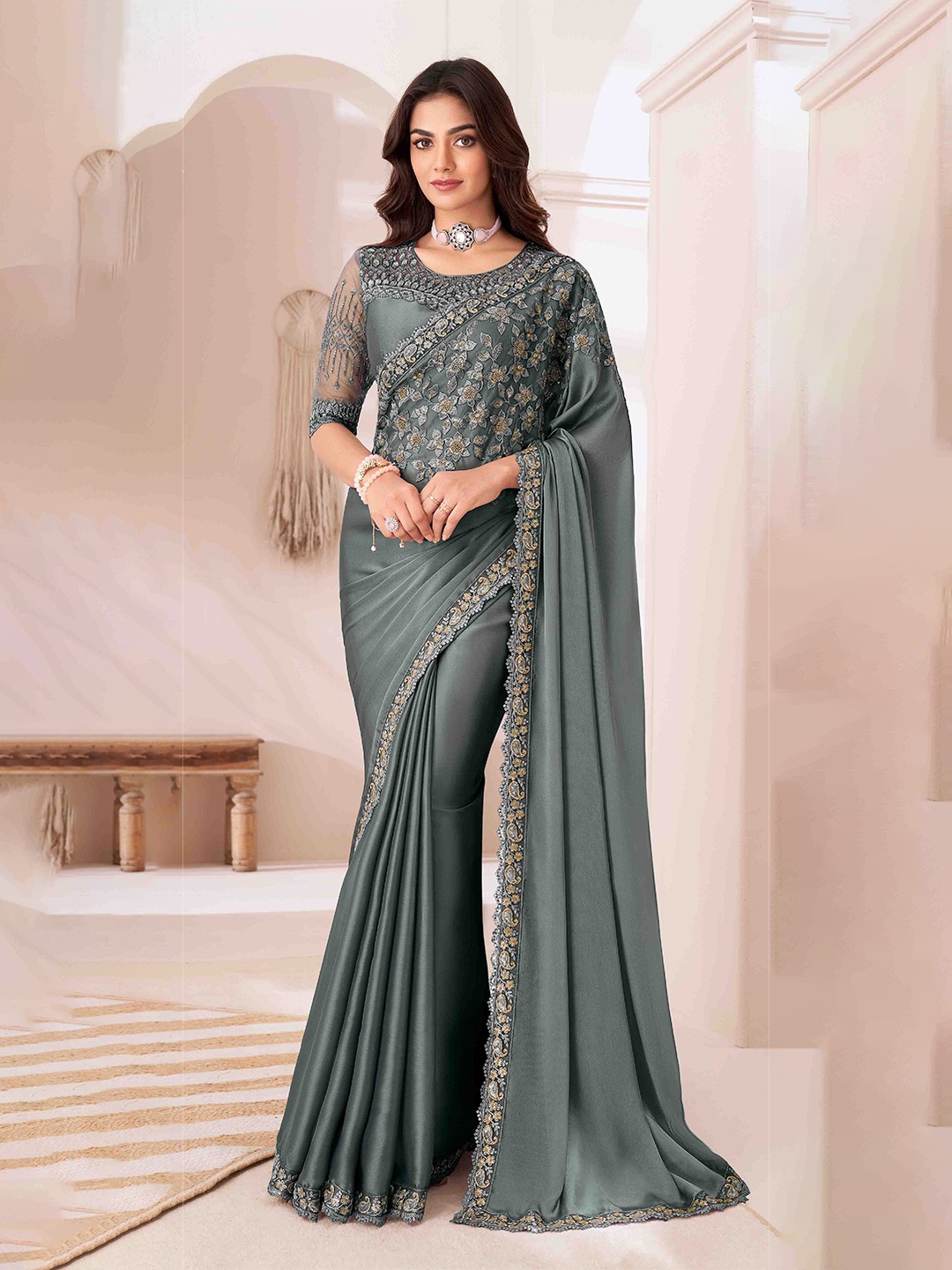 

Blissta Floral Embroidered Pure Georgette Saree, Teal