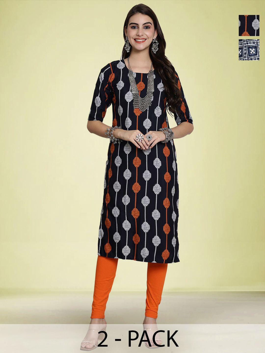 

Moda Rapido Selection Of 2 Ethnic Motifs Printed Kurtas, Black