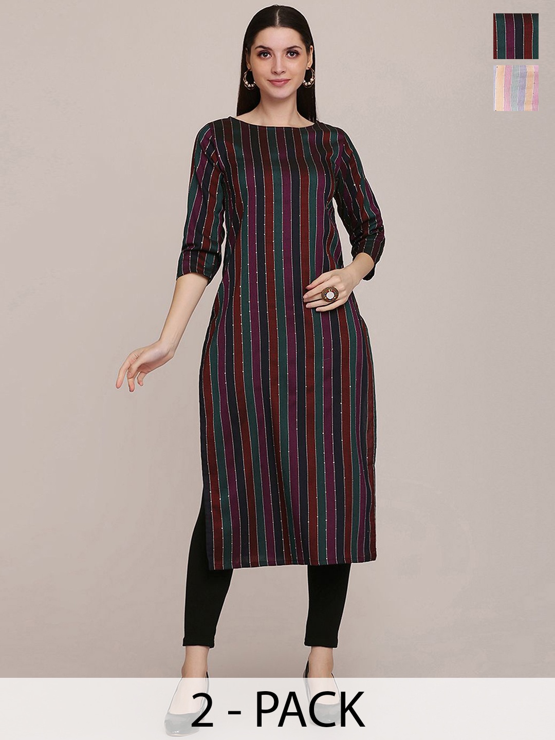 

KALINI Selection Of 2 Striped Round Neck Straight Kurtas, Black
