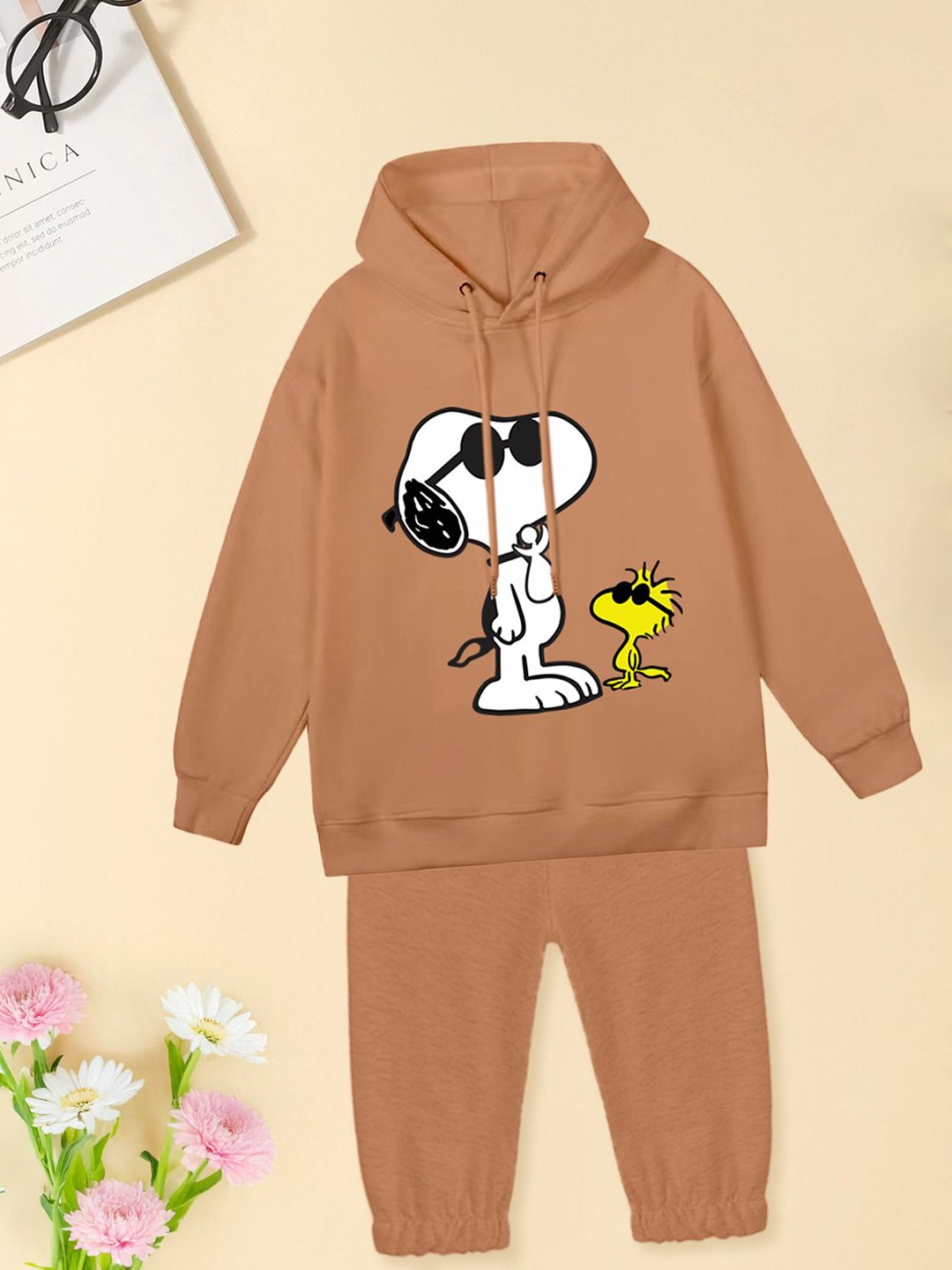 

FOREVER FRIDAY Girls Printed Hooded Pure Cotton Sweatshirt With Joggers, Peach