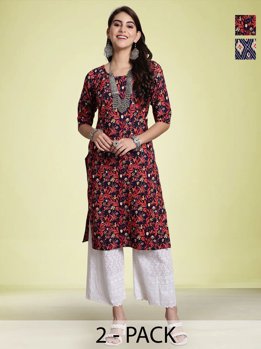 

Moda Rapido Selection Of 2 Floral Printed Round Neck Straight Kurtas, Black