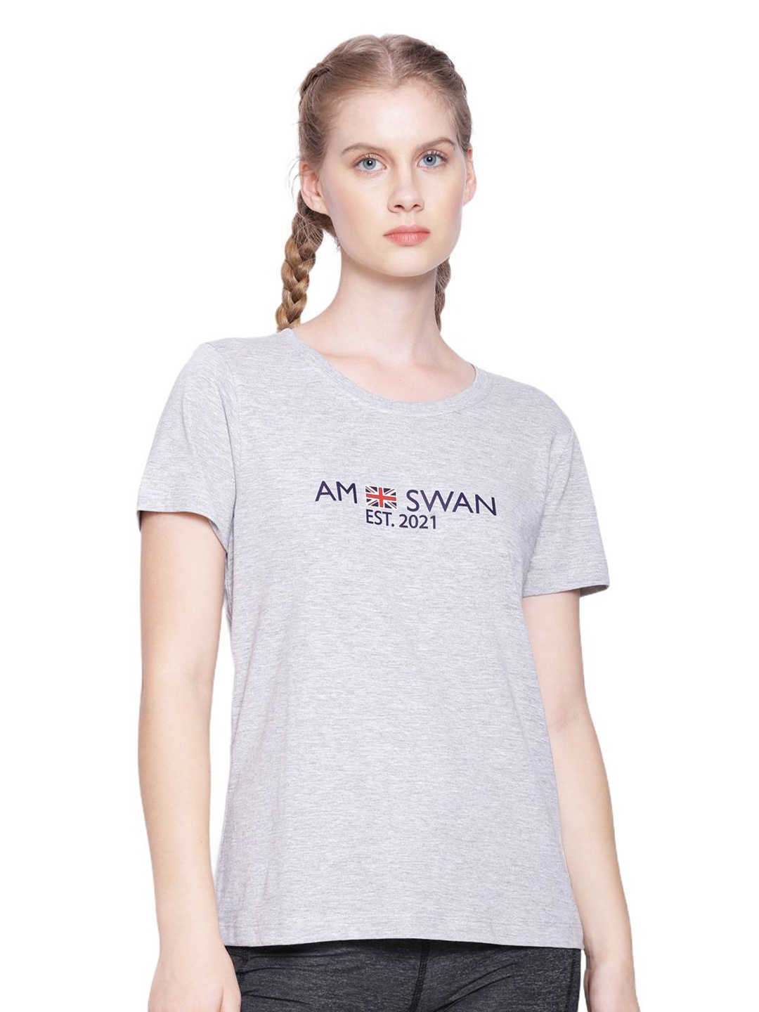 

AMSWAN Women Typography Printed Cotton Regular Top, Grey