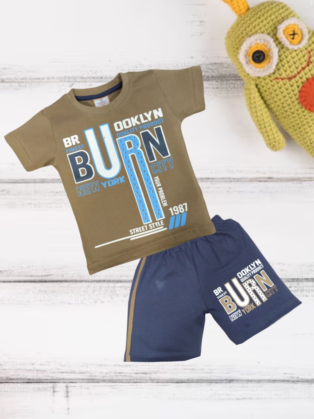 

FASHION GRAB Infant Kids Printed Pure Cotton T-Shirt With Shorts, Coffee brown