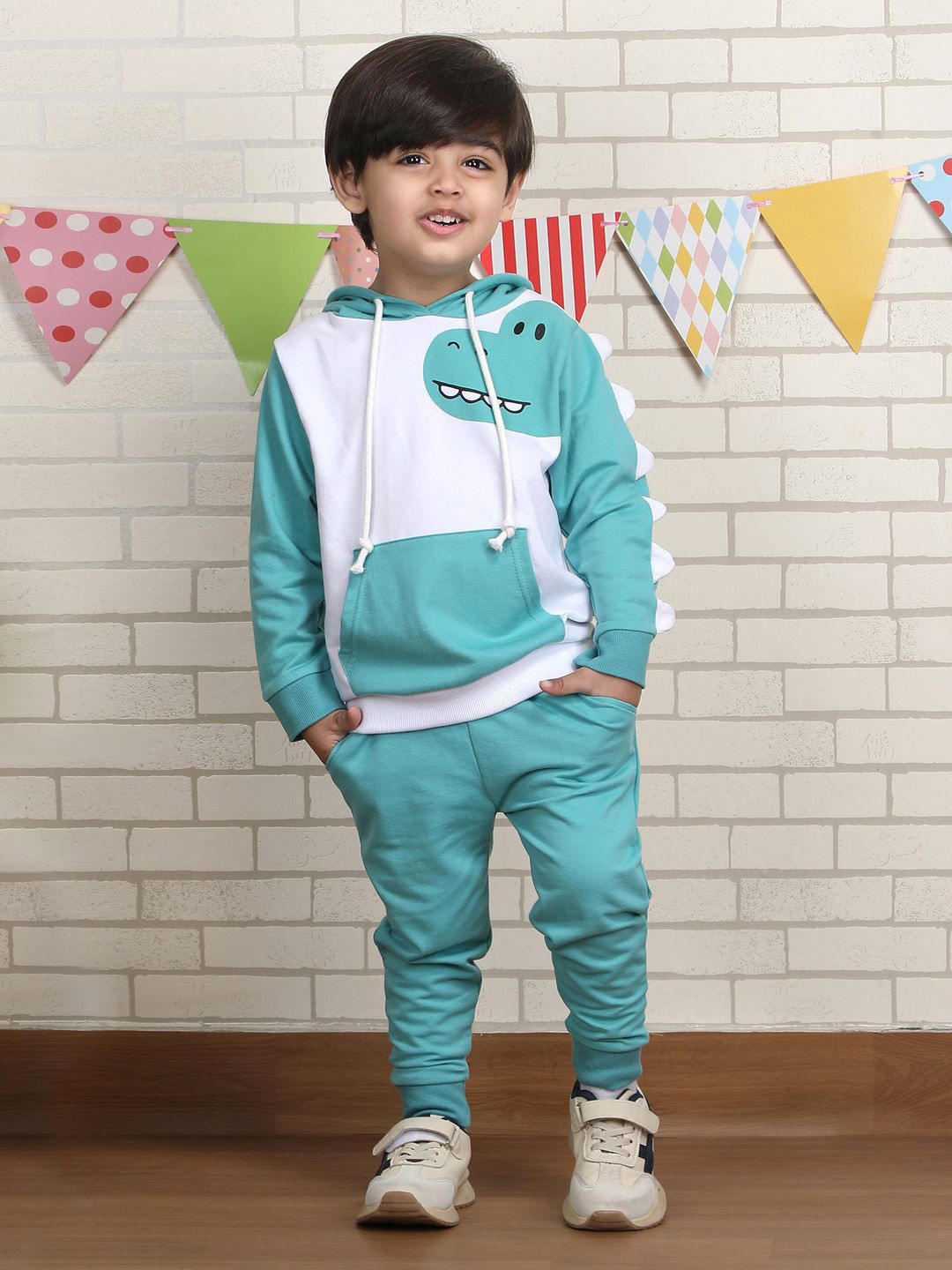 

Polka Tots Kids Printed Hooded Pure Cotton Sweatshirt With Jogger, Turquoise blue