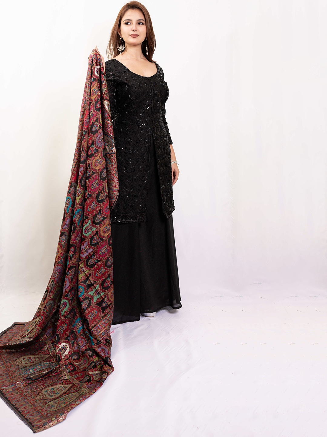 

PASHGIRI Ethnic Motifs Woven Design Silk Shawl, Black