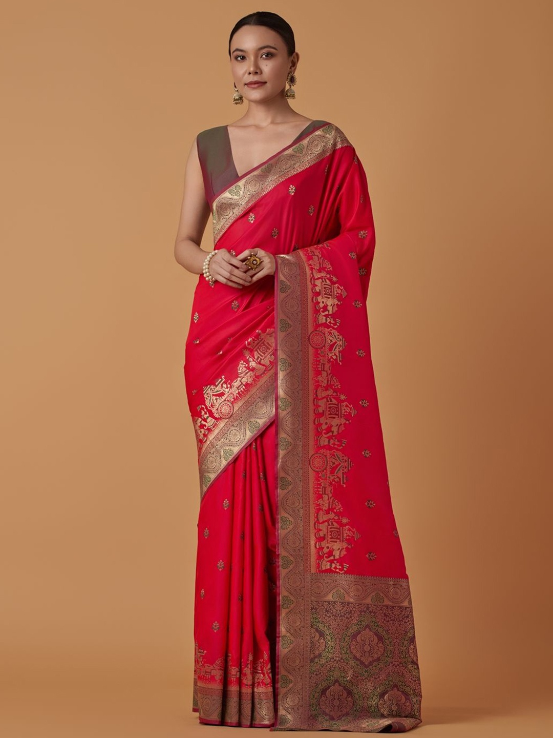 

MONJOLIKA FASHION Ethnic Motifs Woven Design Zari Banarasi Saree, Pink