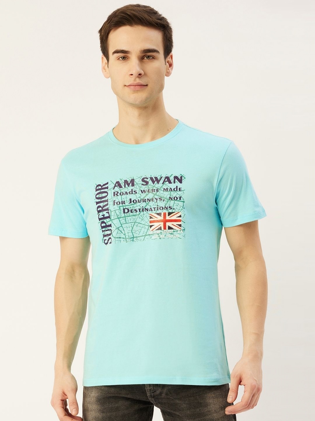 

AMSWAN Men Typography Printed Applique T-shirt, Turquoise blue