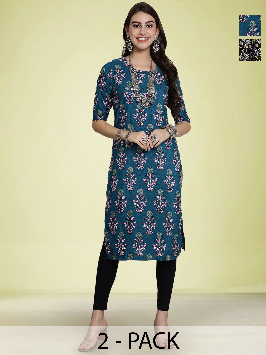 

Moda Rapido Selection of 2 Floral Printed Round Neck Kurtas, Blue