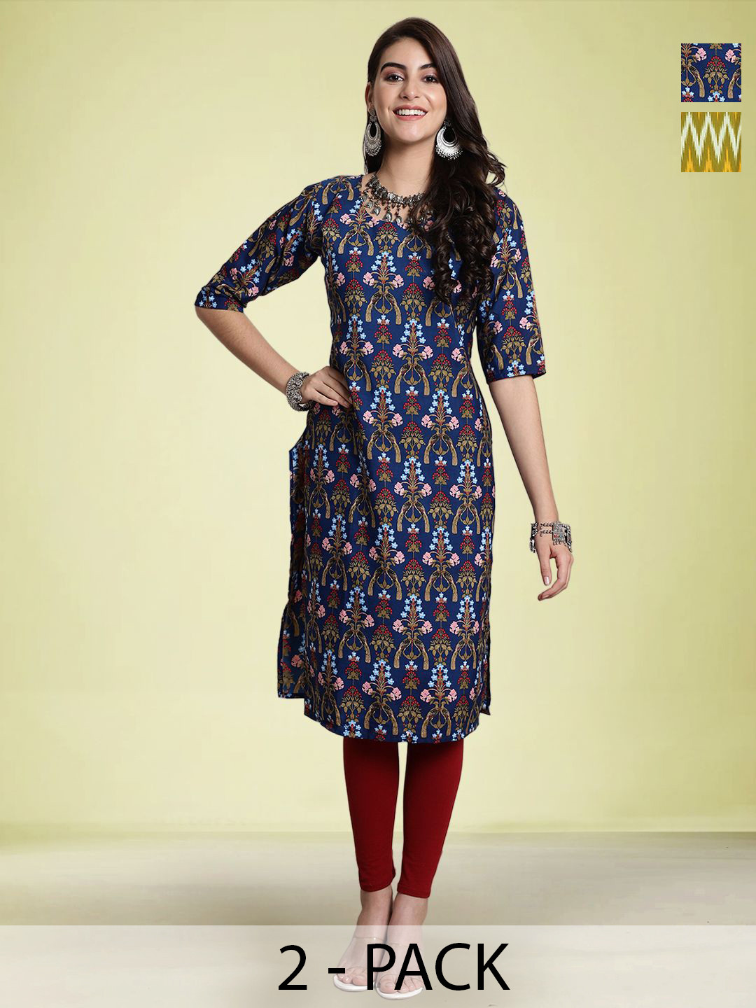 

Moda Rapido Selection of 2 Floral Printed Round Neck Straight Kurtas, Yellow