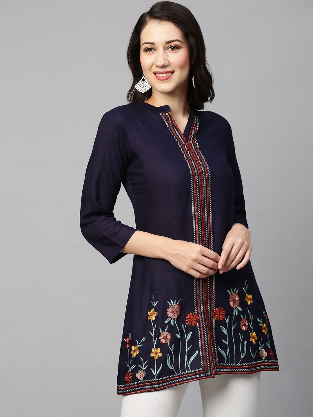 

INDYES Floral Embroidered Thread Work Thread Work Kurti, Blue