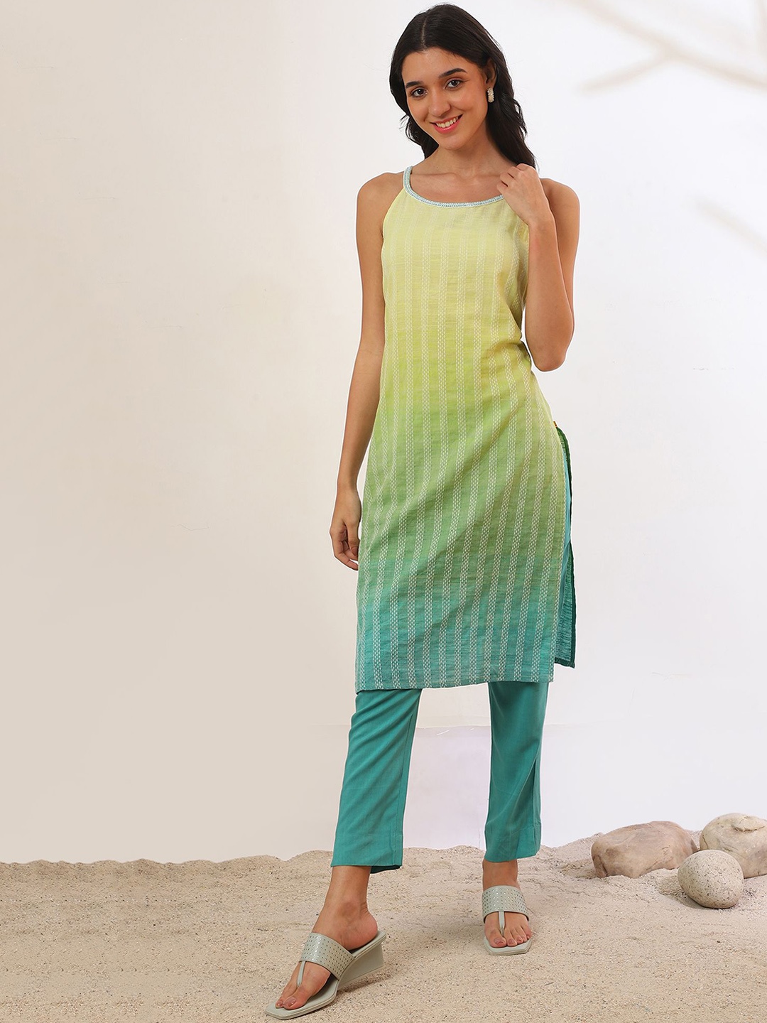 

AURELIA Striped Woven Design Sleeveless Round Neck Pure Cotton Straight Kurta With Trouser, Green