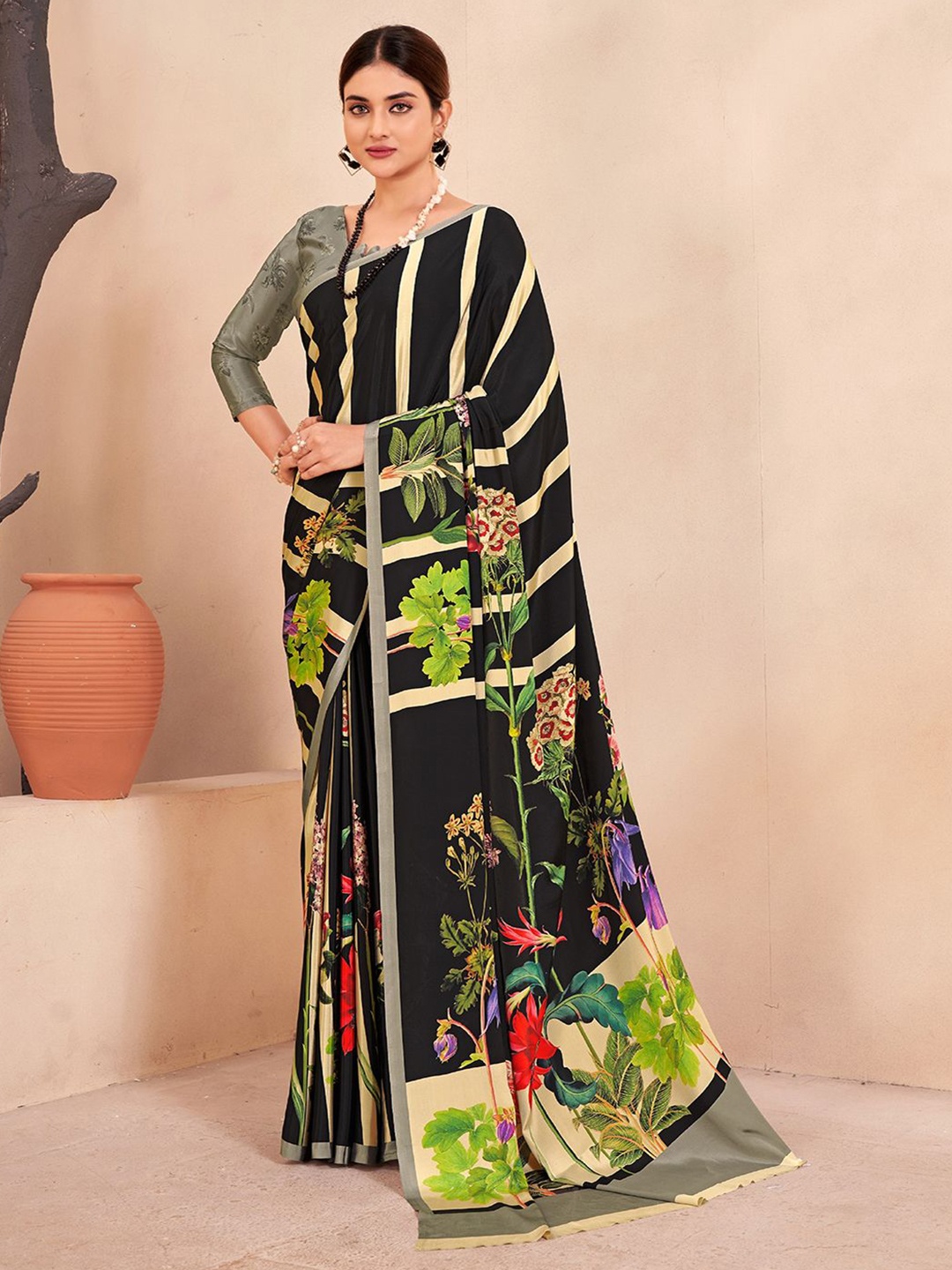 

Krimmple Floral Mysore Silk Saree, Black