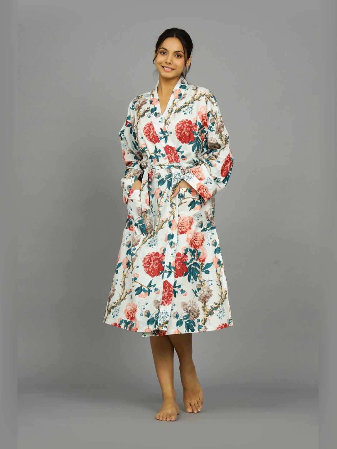 

HANDICRAFT PALACE White & Pink Floral Printed Pure Cotton Bath Robe With Belt