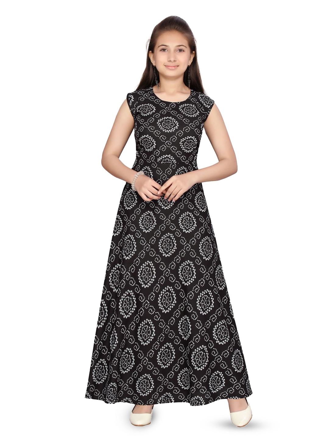 

HERE&NOW Girls Printed Sleeveless Cotton A-Line Maxi Dress, Black