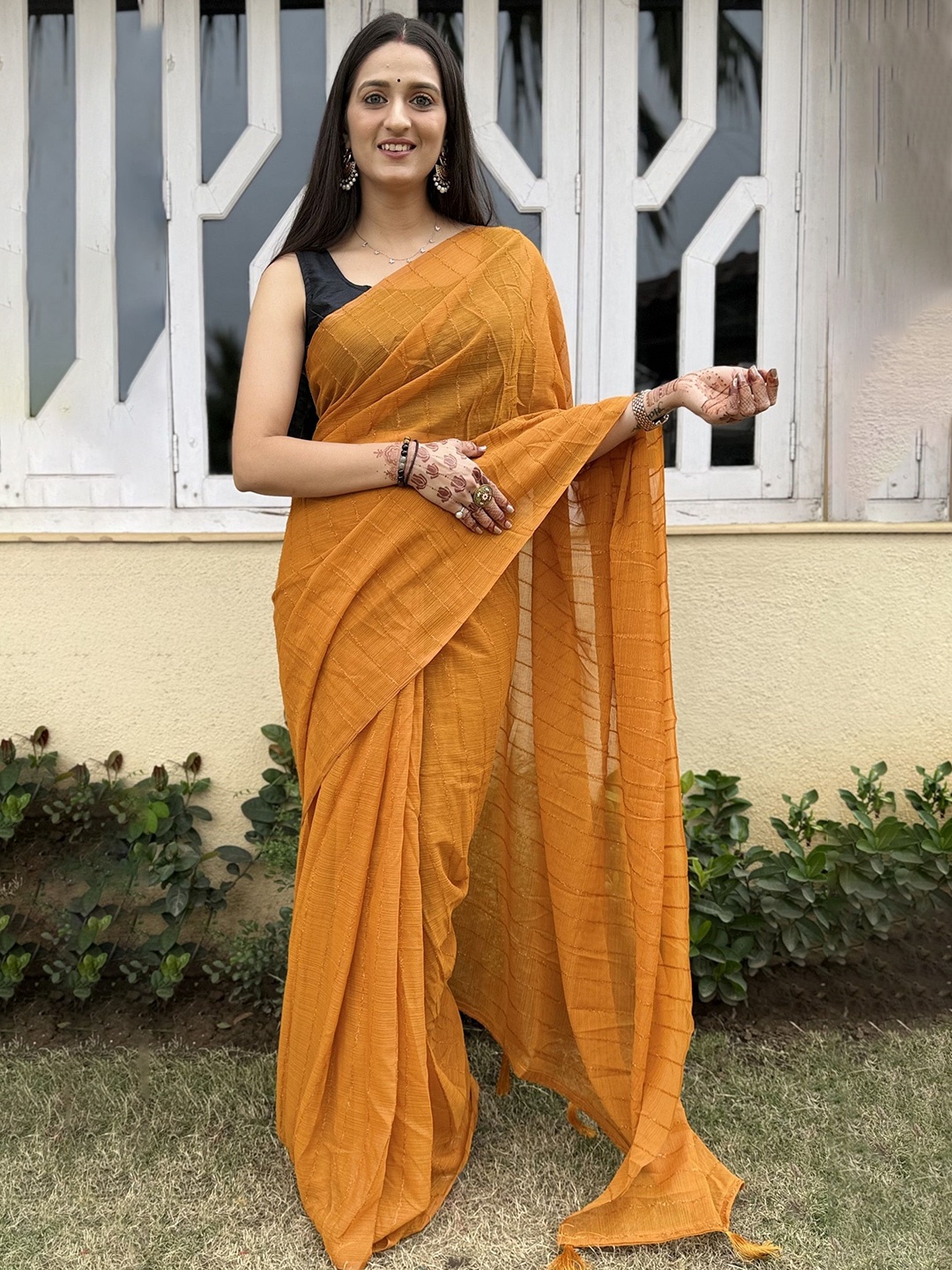 

JULEE Striped Pure Chiffon Saree, Mustard