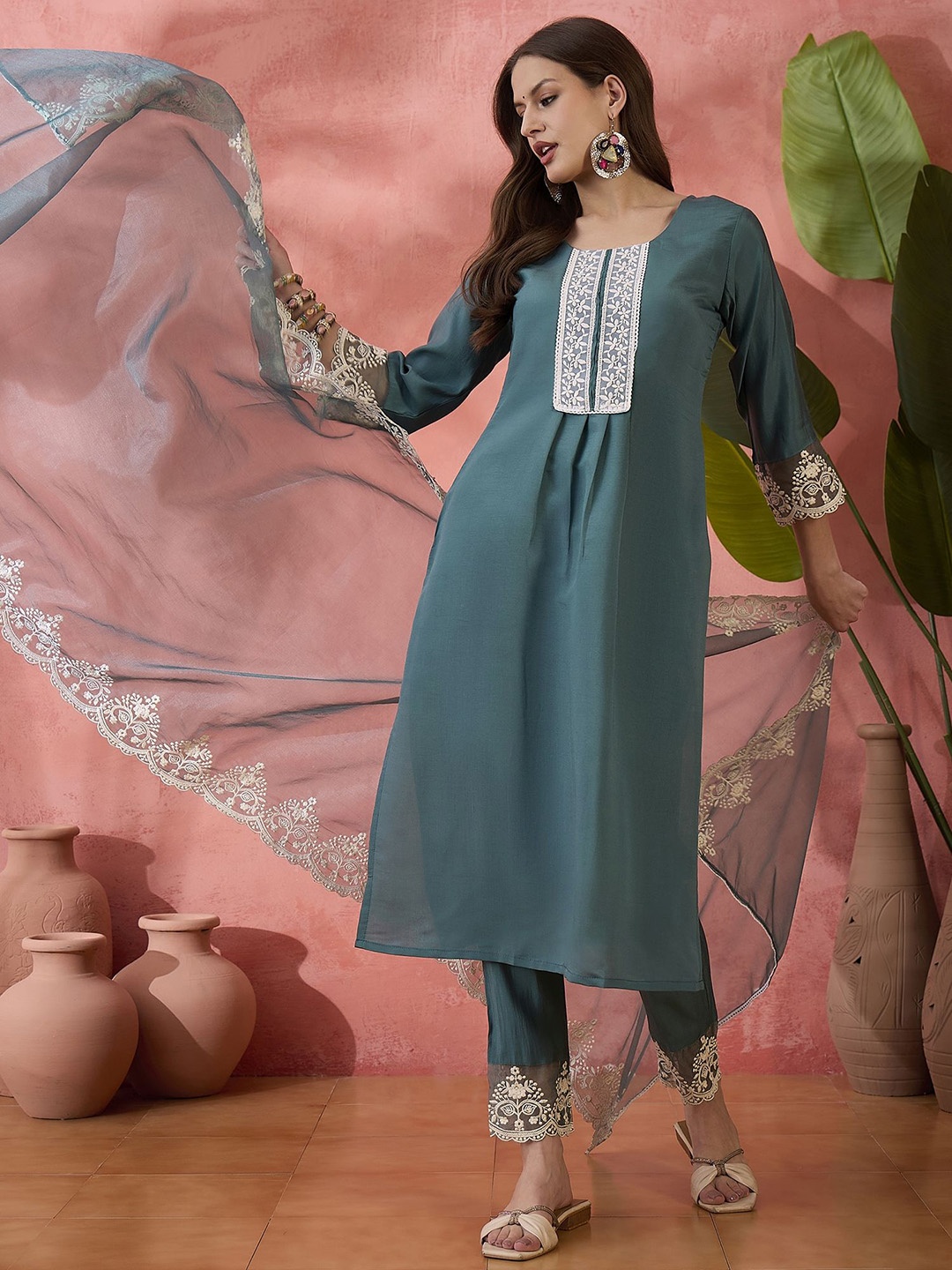 

Sangria Embroidered Straight Kurta Trousers With Dupatta, Blue