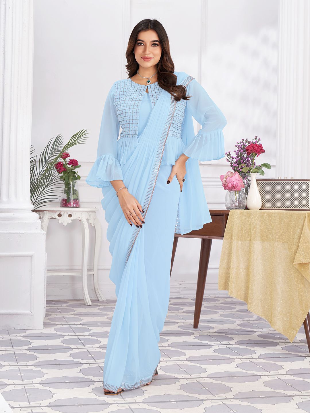 

Krimmple Ethnic Motifs Pure Georgette Saree, Blue