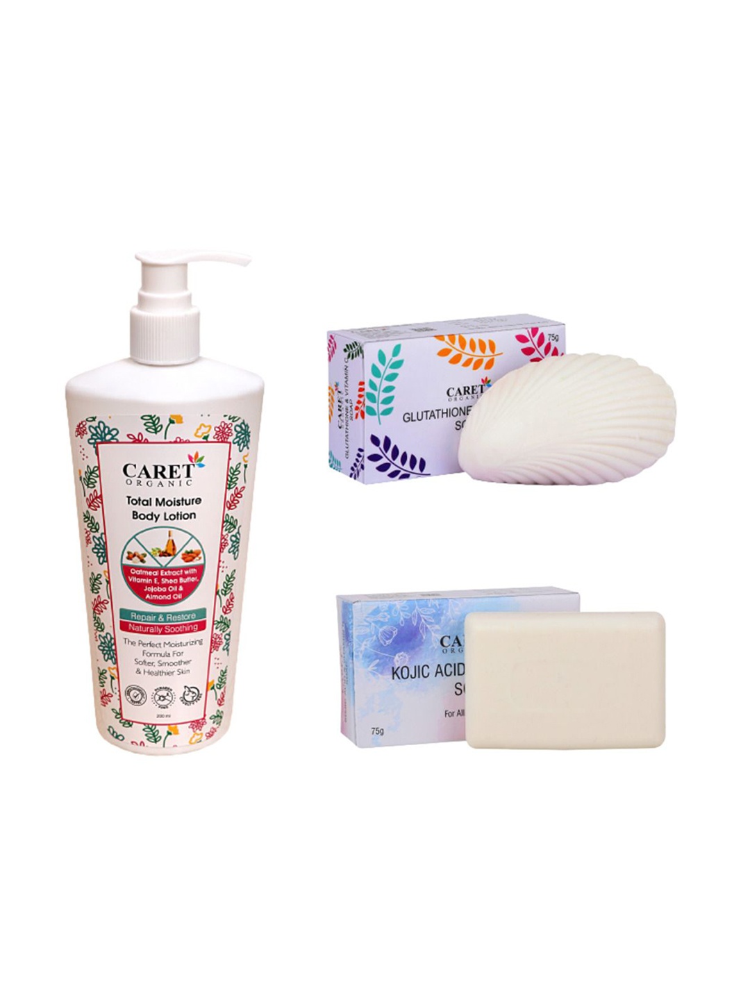 

CARET ORGANIC Set Of 3 Total Moisture Body Lotion- 250ml-Glutathione & Kojic Acid Soap-75g, White