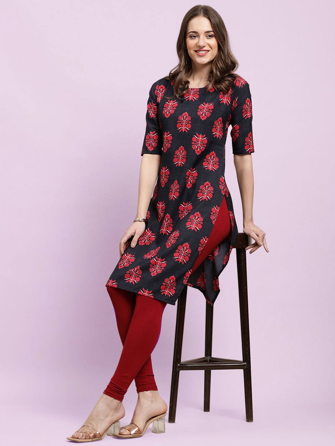 

Moda Rapido Floral Printed Round Neck Straight Kurta, Black
