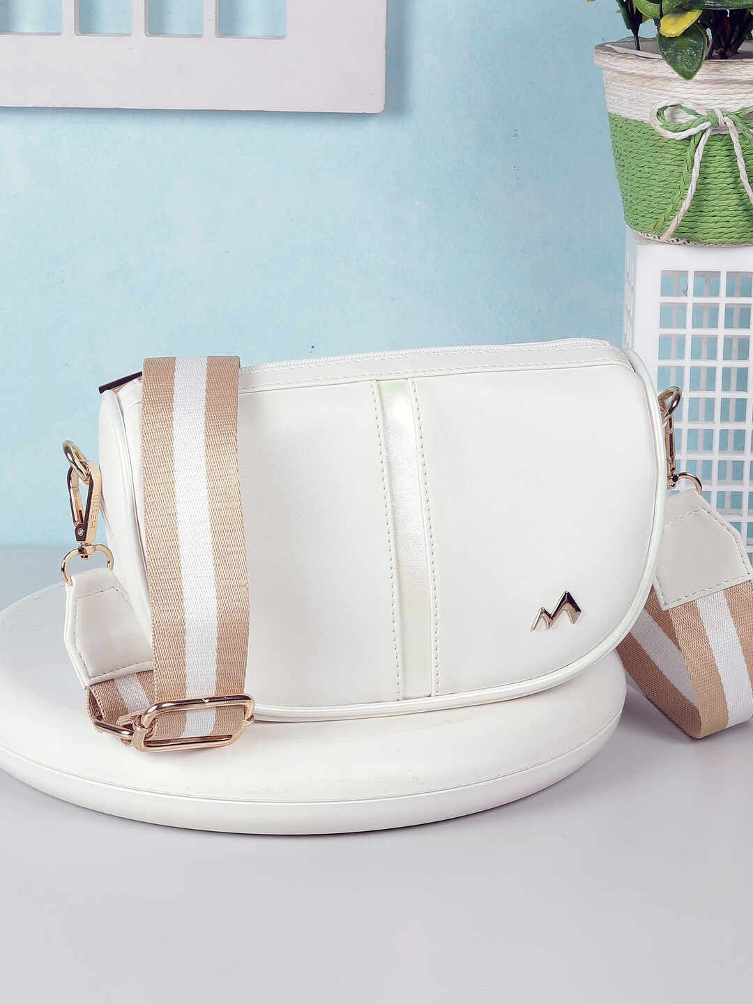 

Metro Striped PU Oversized Half Moon Sling Bag with Tasselled, White