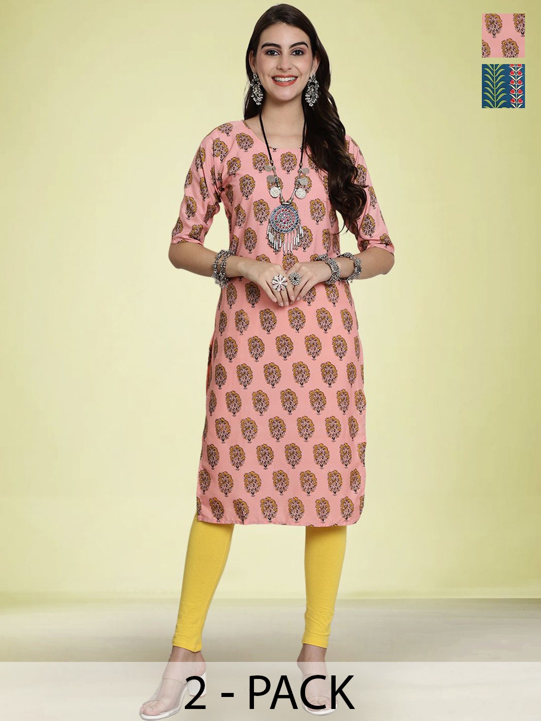 

Moda Rapido Selection Of 2 Floral Printed Round Neck Straight Kurtas, Peach