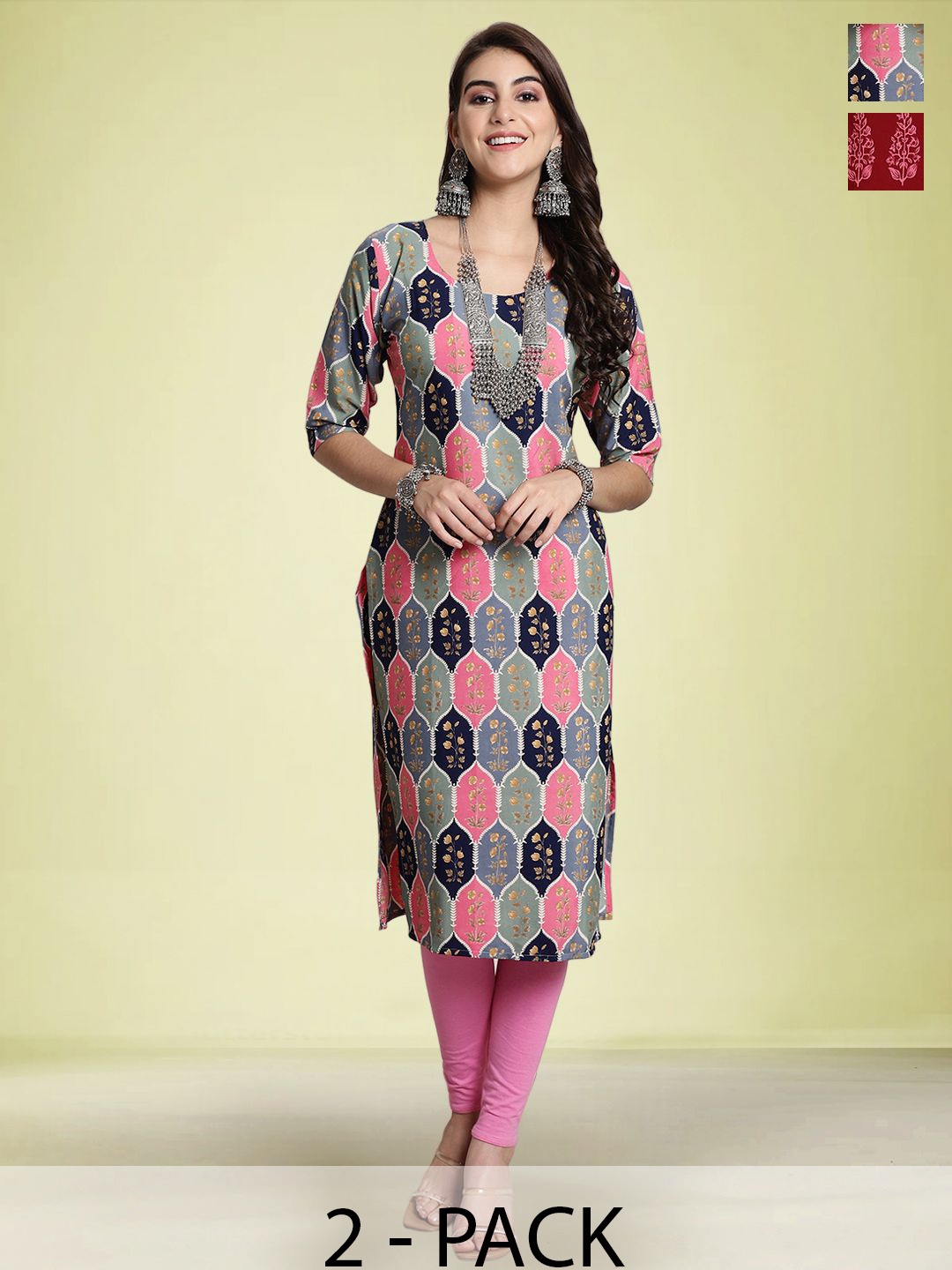 

Moda Rapido Selection Of 2 Floral Printed Round Neck Straight Kurtas, Pink