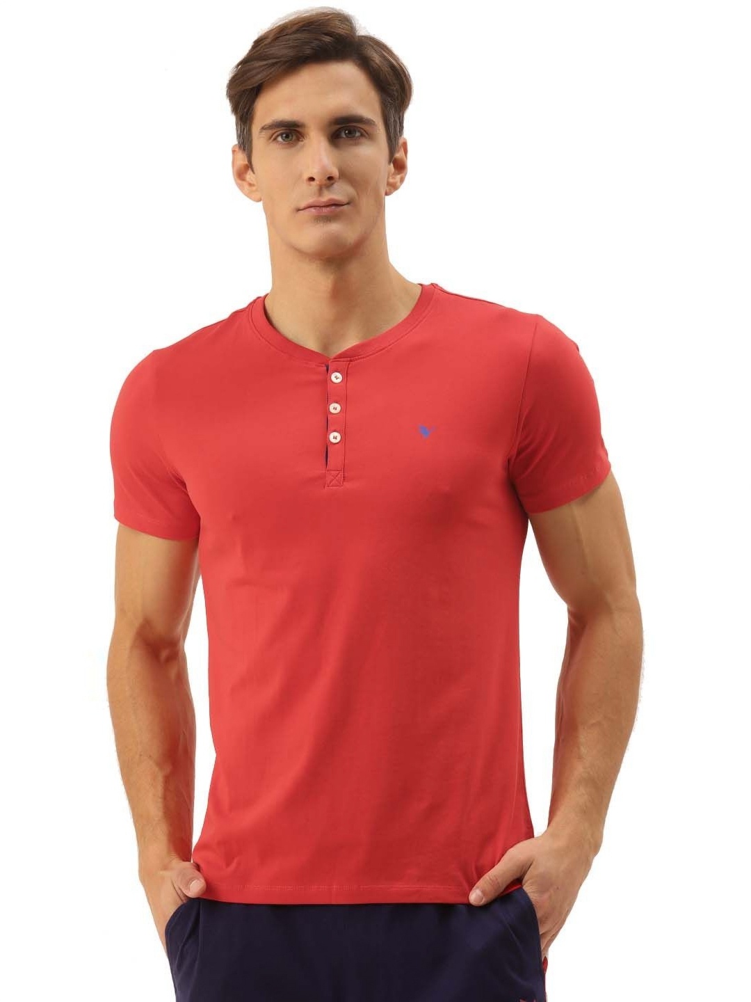 

AMSWAN Men Henley Neck Pockets T-shirt, Red