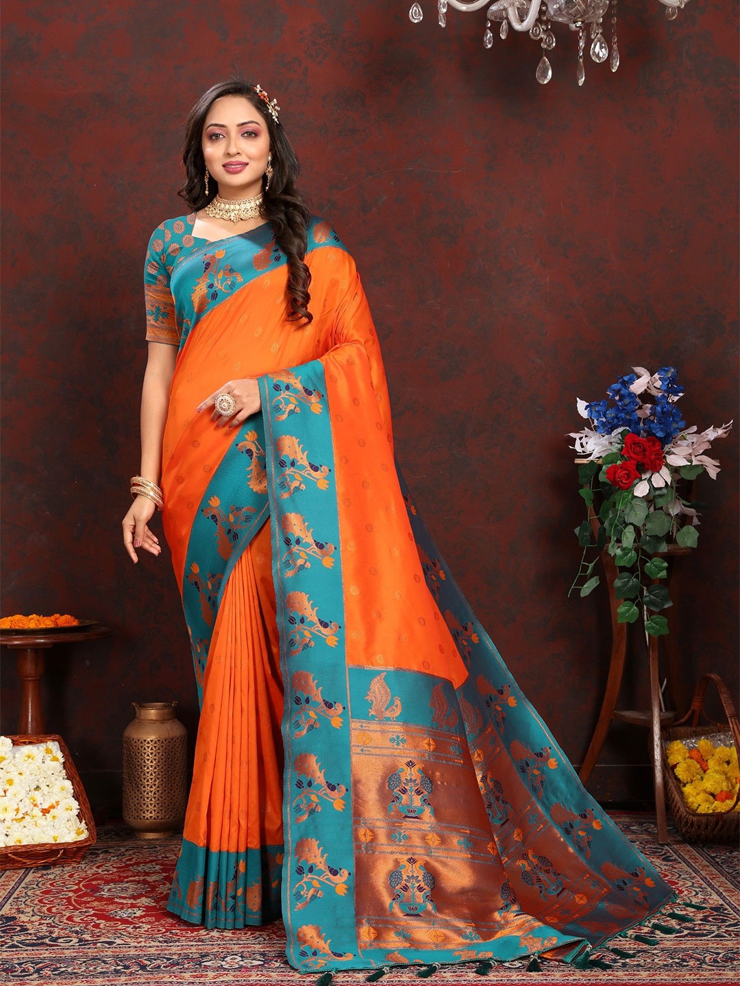 

LeeliPeeri Designer Woven Design Zari Silk Blend Paithani Saree, Orange