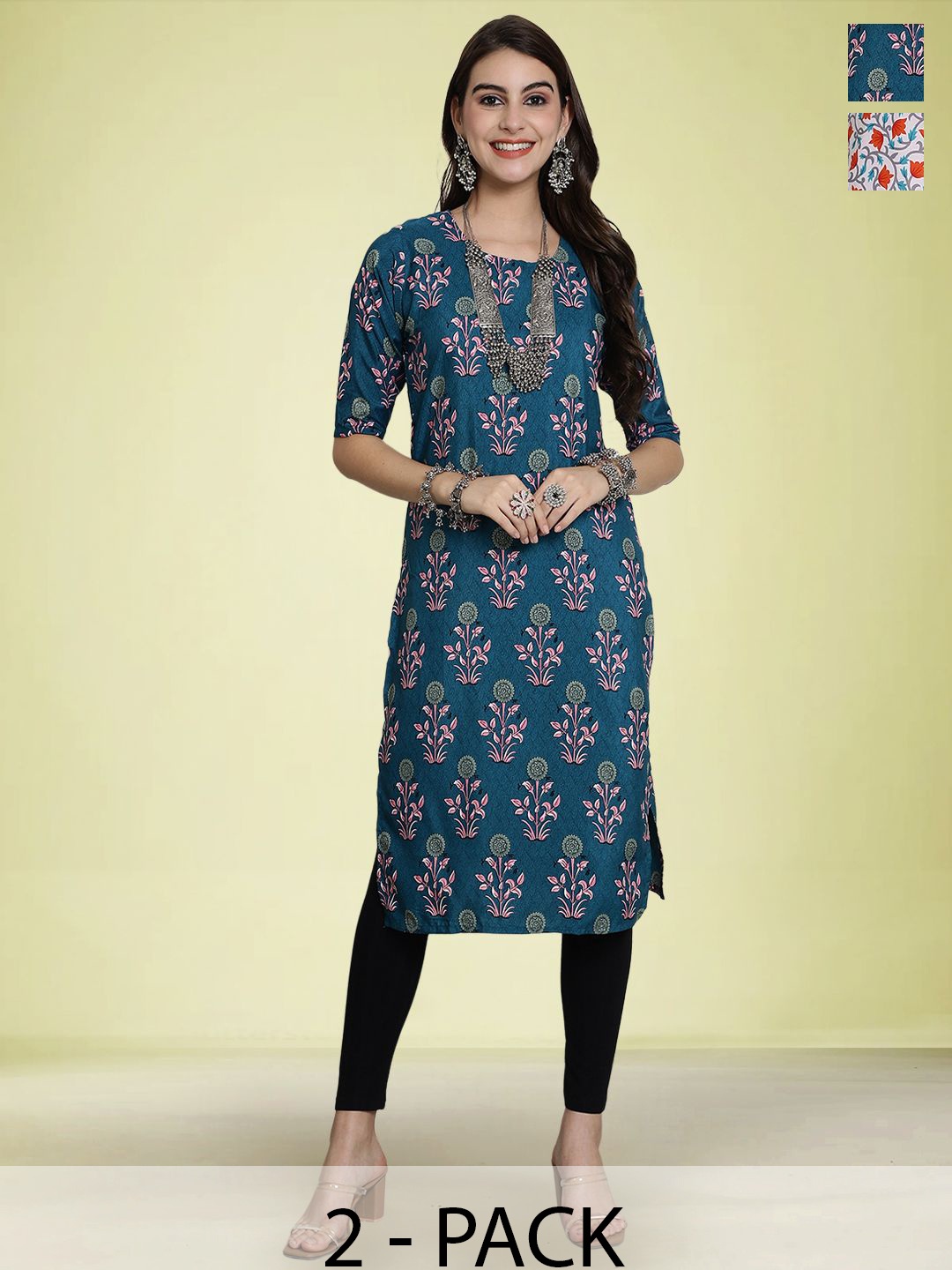 

Moda Rapido Selection Of 2 Ethnic Motifs Printed Round Neck Straight Kurtas, Blue