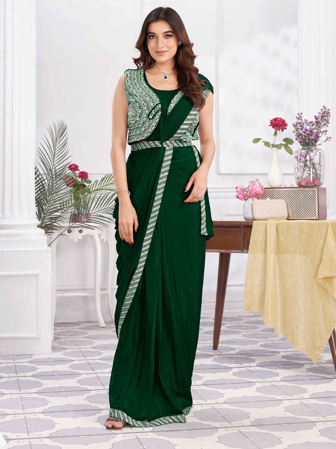 

Krimmple Embellished Pure Georgette Ready to Wear Saree, Green