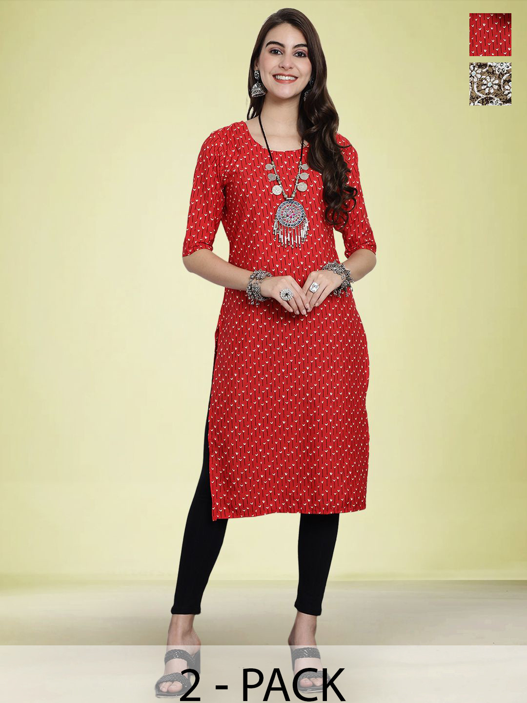 

Moda Rapido Selection Of 2 Floral Printed Round Neck Straight Kurtas, Red