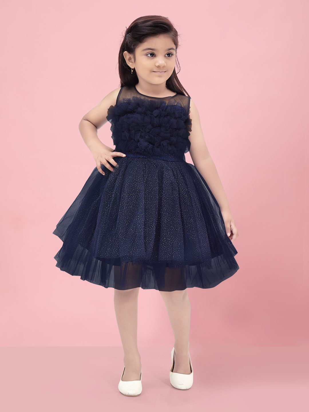 

Sangria Girls Self Design Sleeveless Ruffles Fit and Flare Dress, Navy blue