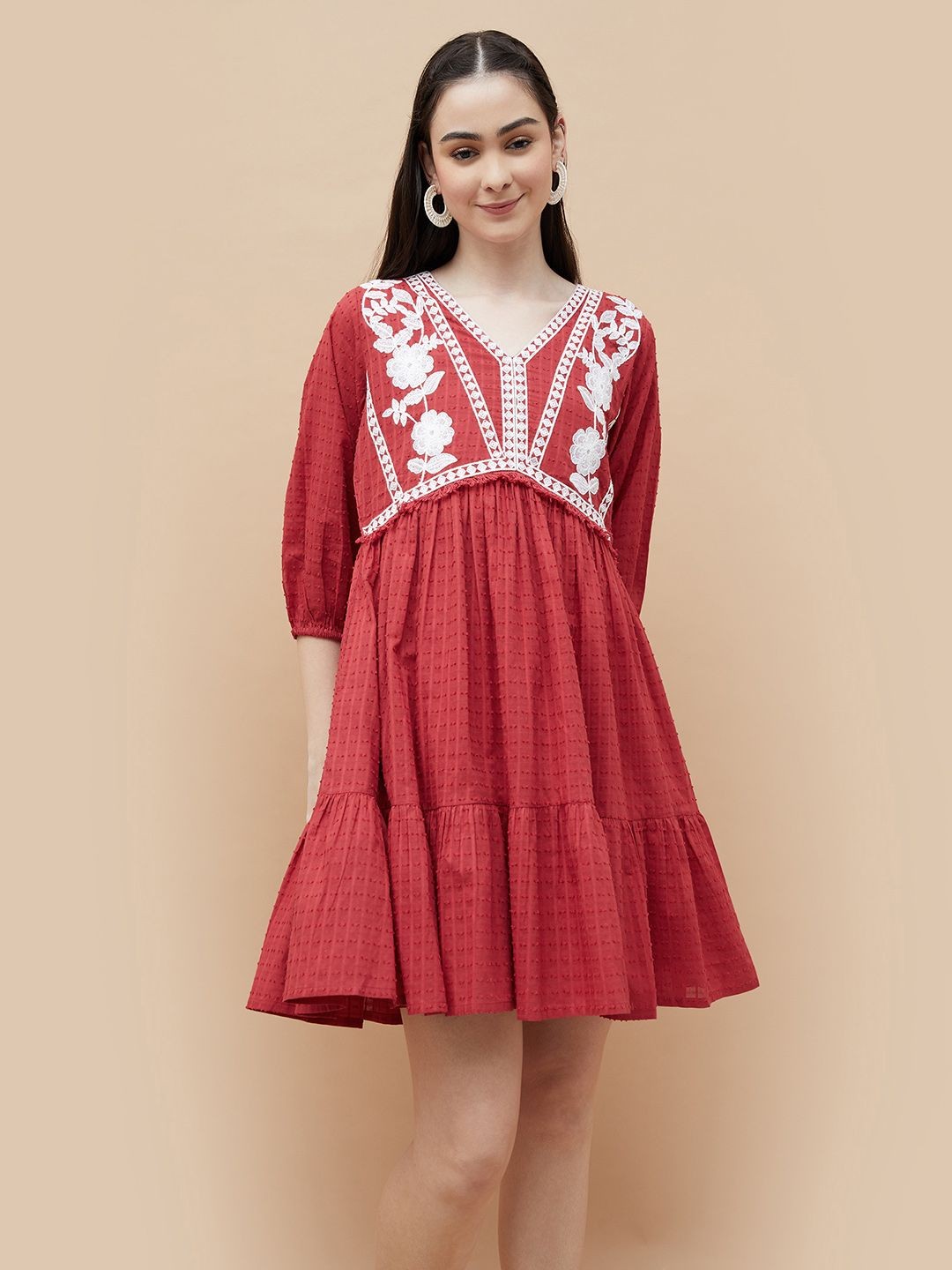 

Colour Me by Melange Women Self Design Floral Embroidered Pure Cotton Drop-Waist Dress, Red