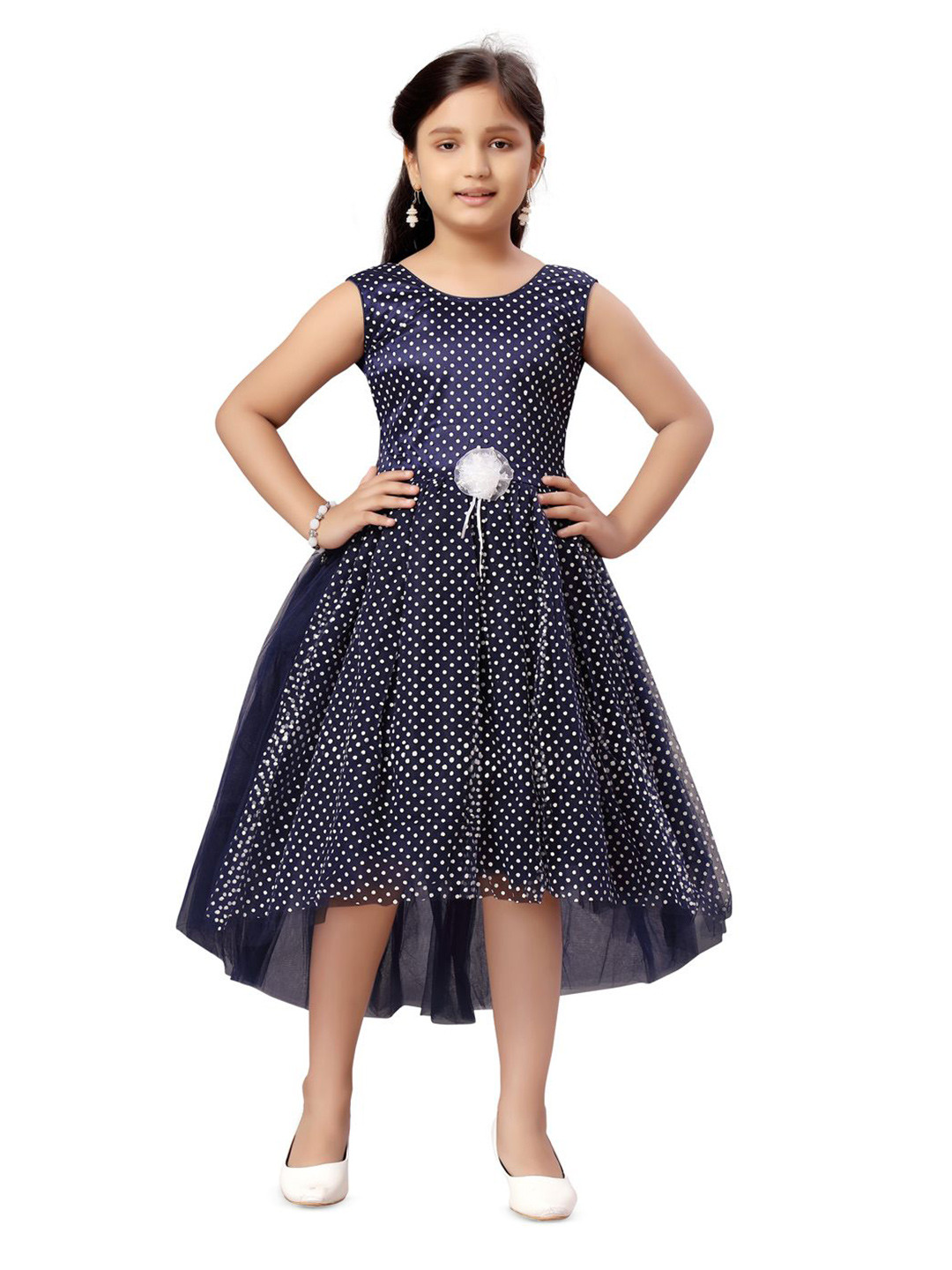 

HERE&NOW Girls Polka Dots Printed Sleeveless Fit and Flare Dress, Navy blue