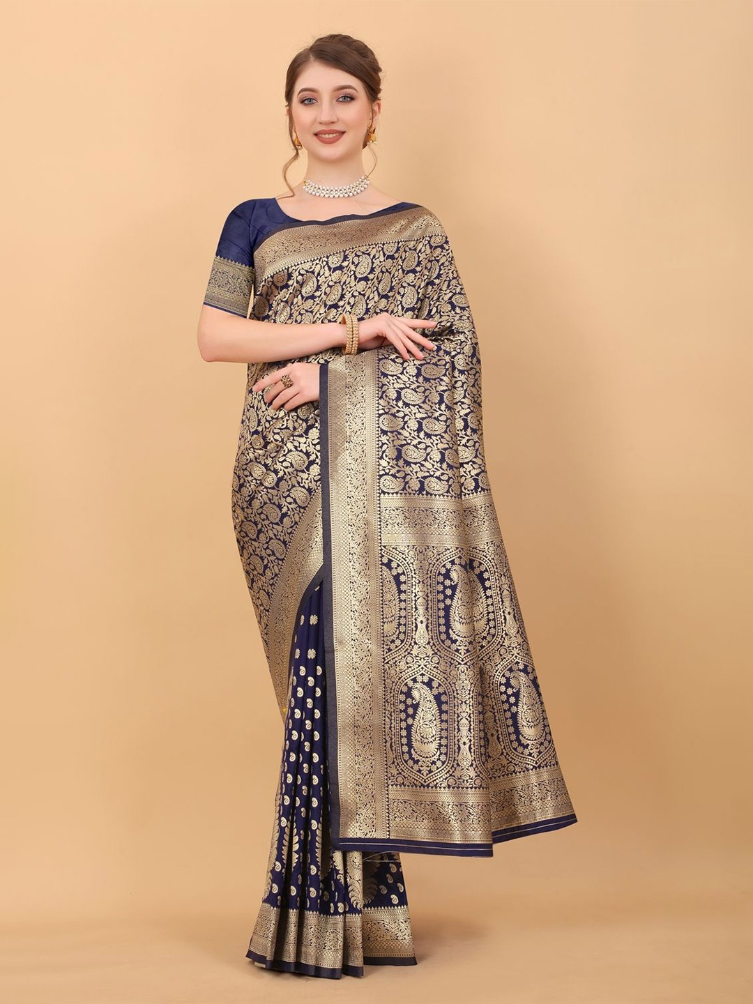 

DHRUTI CREATION Woven Design Pure Silk Saree, Navy blue