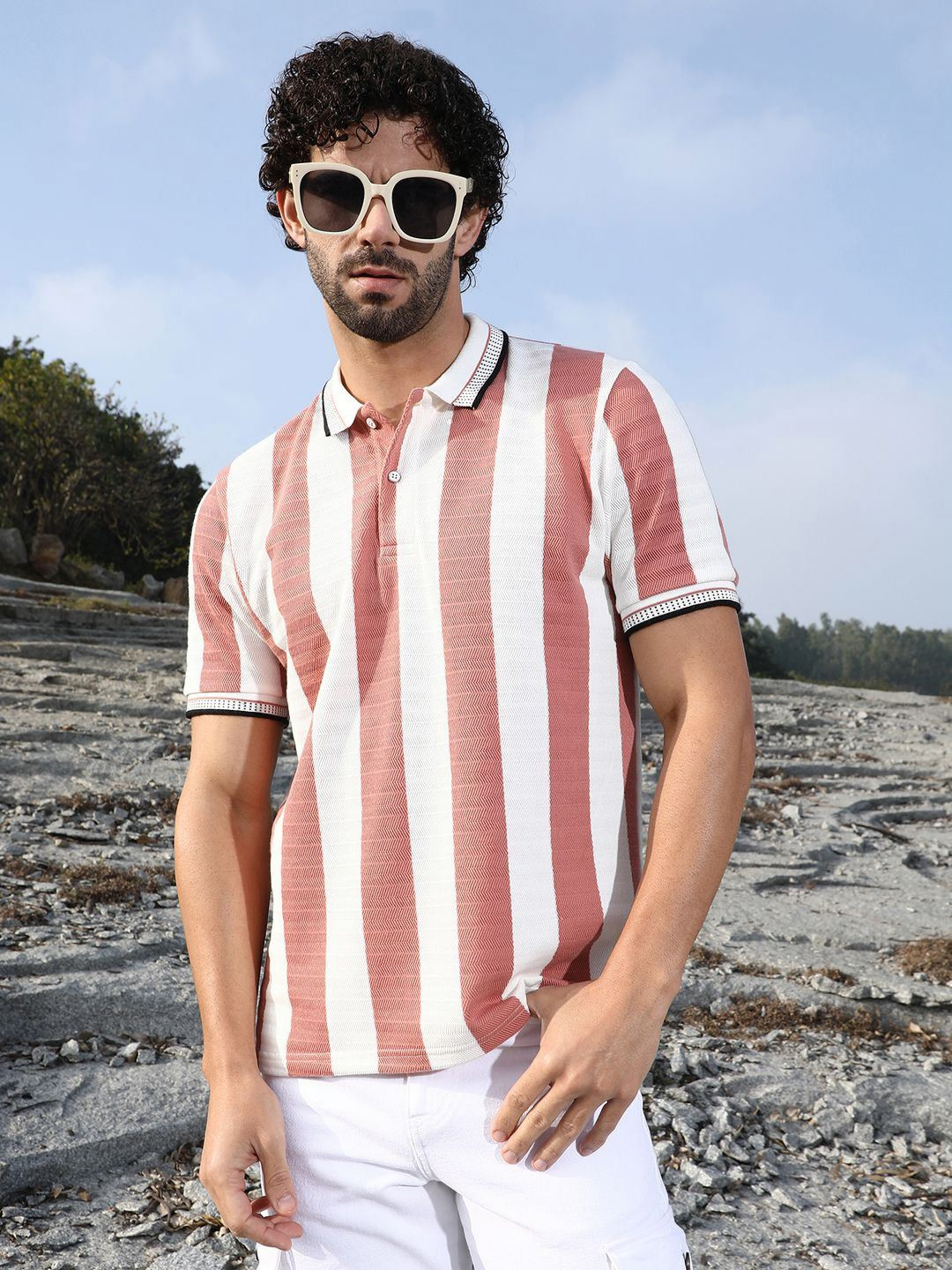 

Campus Sutra Men Striped Polo Collar Cotton T-shirt, White