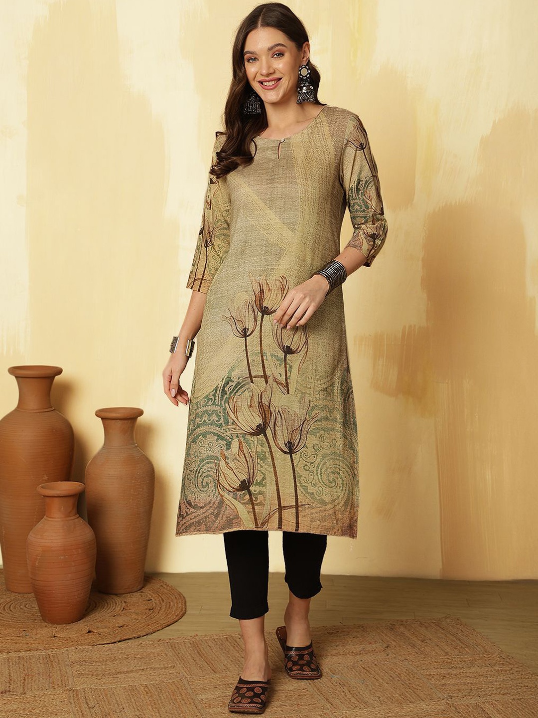 

Anouk Beige Floral Printed Keyhole Neck A-Line Kurta