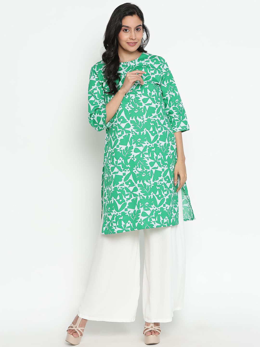 

VEGAL Floral Printed Round Neck Pure Cotton Straight Kurta & Palazzos, Green