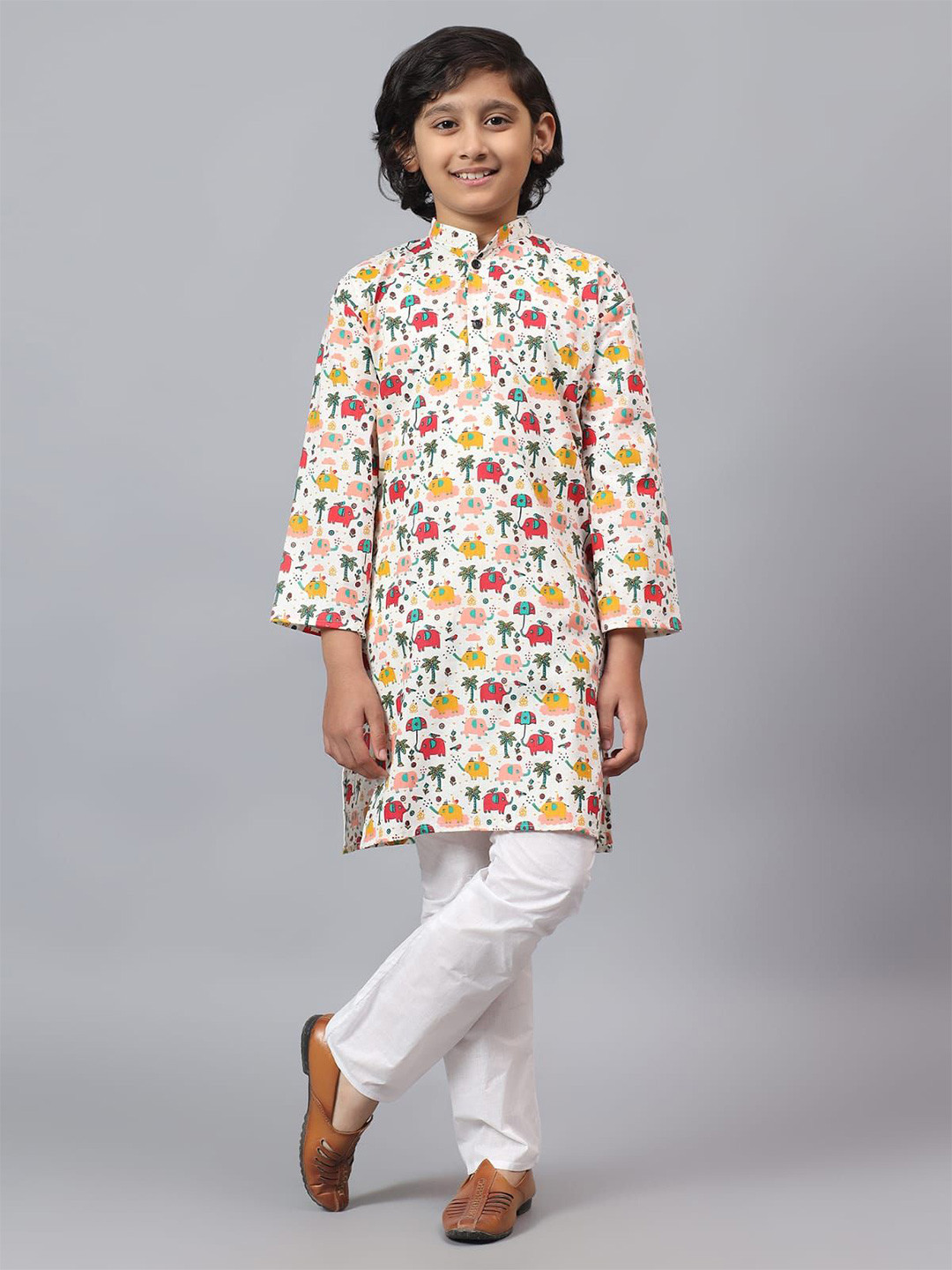 

LITTLE DREAMS Printed Mandarin Collar Neck Kurta With Pyjamas, Yellow