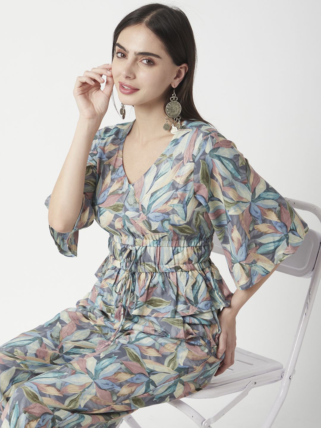 

R&B Tropical Print Flared Sleeve Cinched Waist Crop Top, Multi