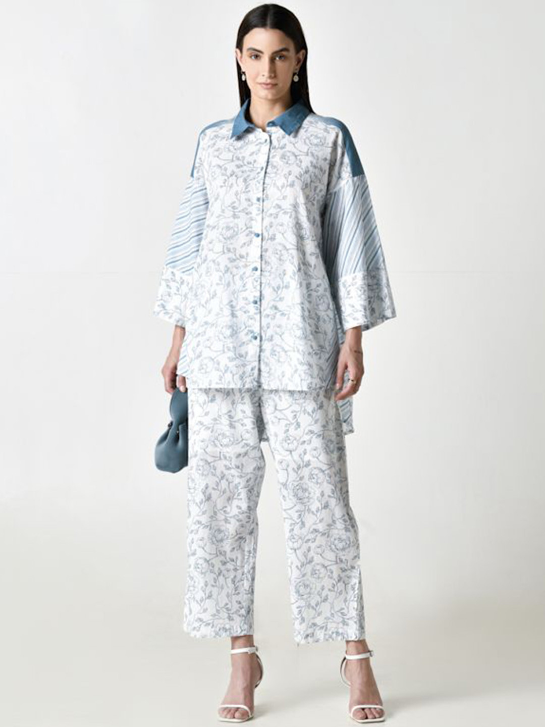 

STIL O STITCH Floral Printed Pure Cotton Shirt With Trouser, White