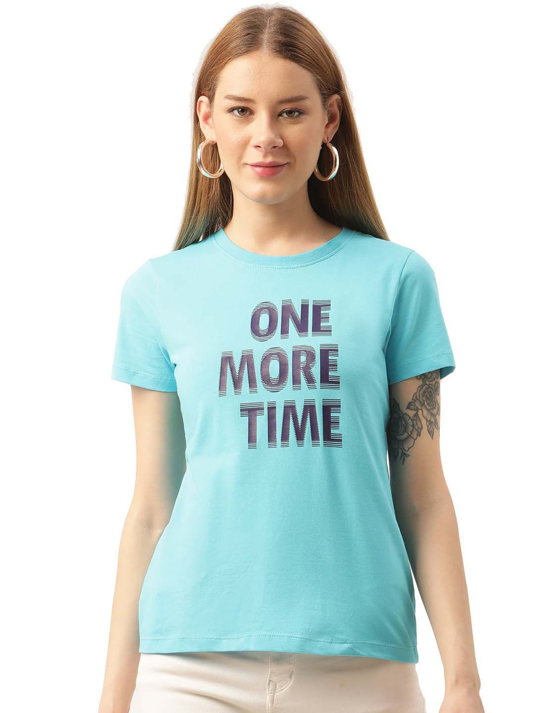 

AMSWAN Women Typography Printed Regular Fit Cotton Tshirts, Blue