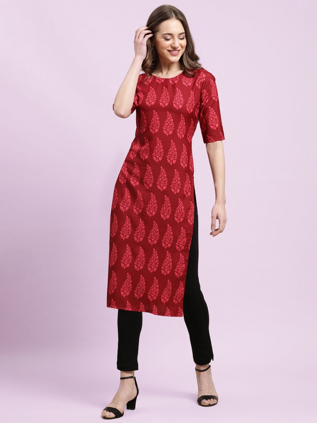 

Moda Rapido Floral Printed Straight Round Neck Kurta, Red
