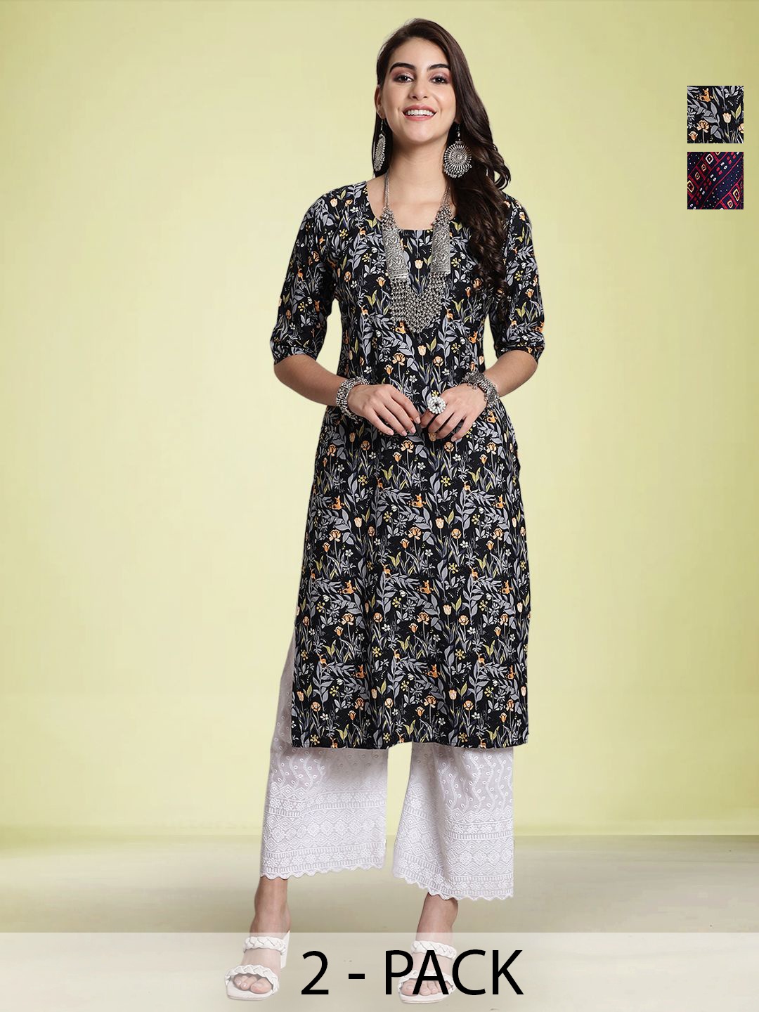 

Moda Rapido Selection Of 2 Floral Printed Round Neck Straight Kurtas, Black