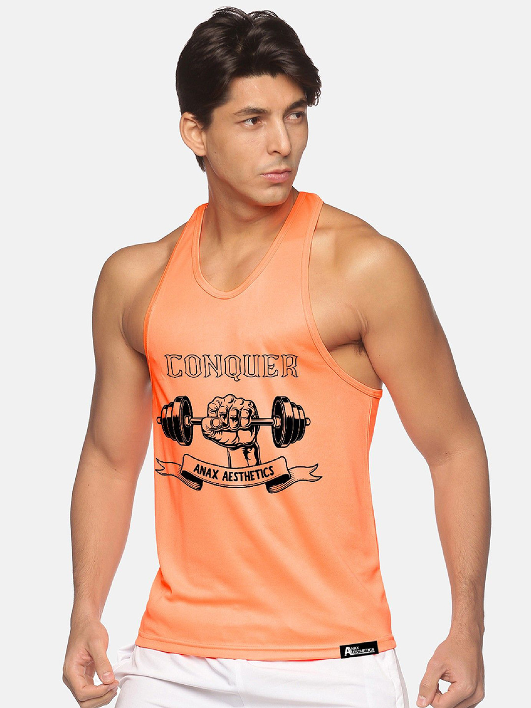 

Anax Aesthetics Men Polyester Dri-Fit Printed Sleeveless Sando Gym Vest Stringer Tank Top, Orange