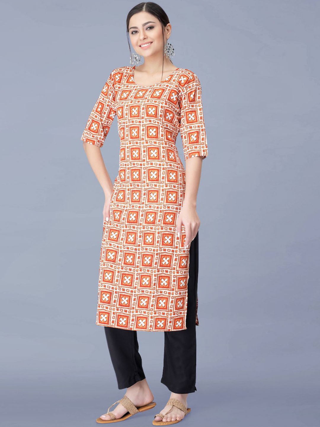 

Moda Rapido Geometric Printed Round Neck Straight Kurta With Trousers, Orange