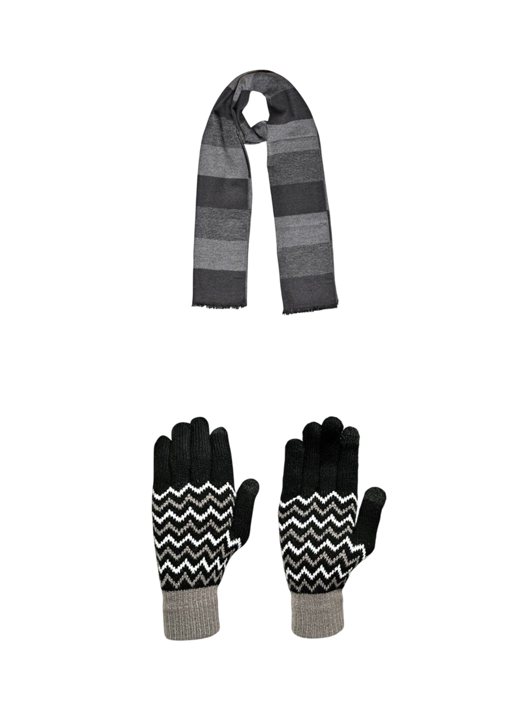 

LOOM LEGACY Men Striped Woollen Winter GloveS With Muffler, Black