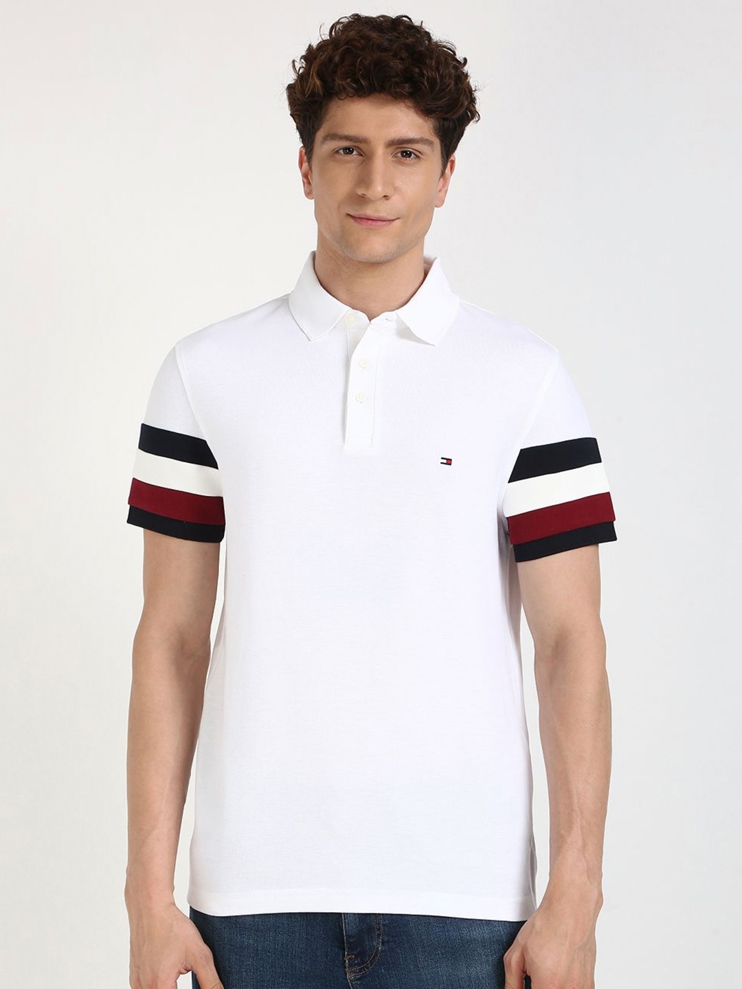 

Tommy Hilfiger Men Striped Polo Collar Cotton Slim Fit T-shirt, White