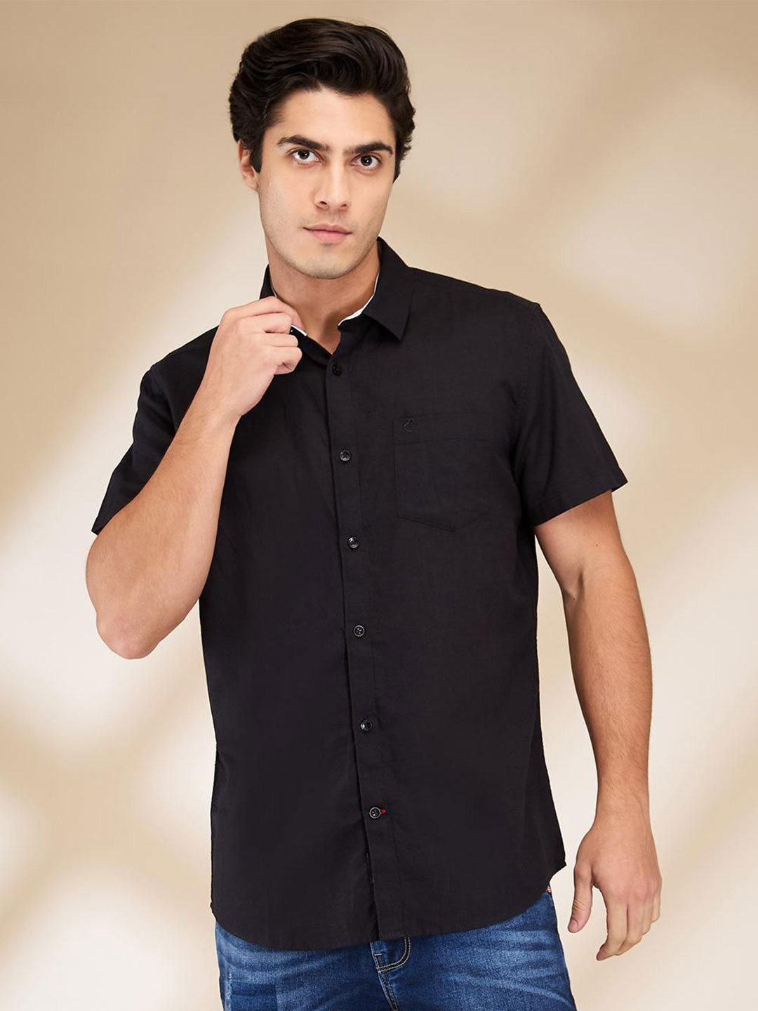 

Being Human Men Classic Fit Spread Collar Solid Cotton Linen Casual Shirt, Black